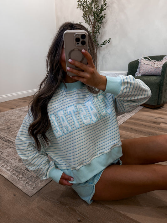 Coastal Mock Neck Striped Pullover - cream/light blue
