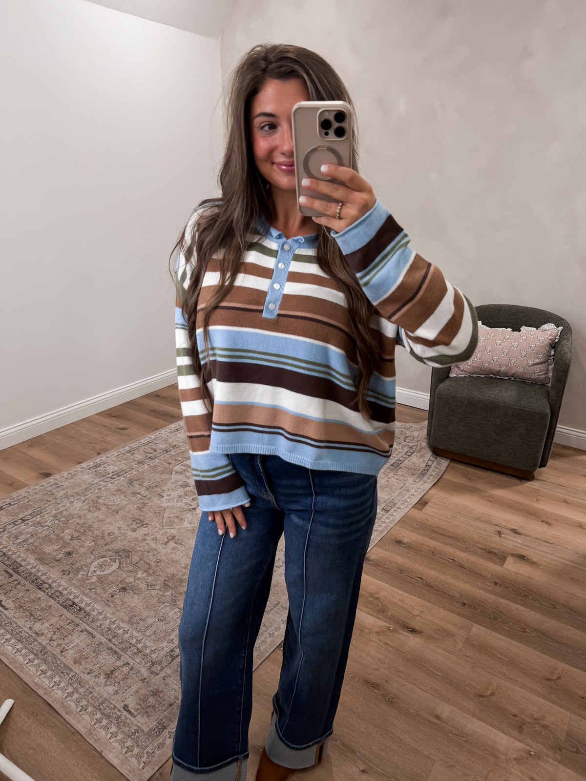 Sunday Market Striped Henley Knit Sweater - blue/brown