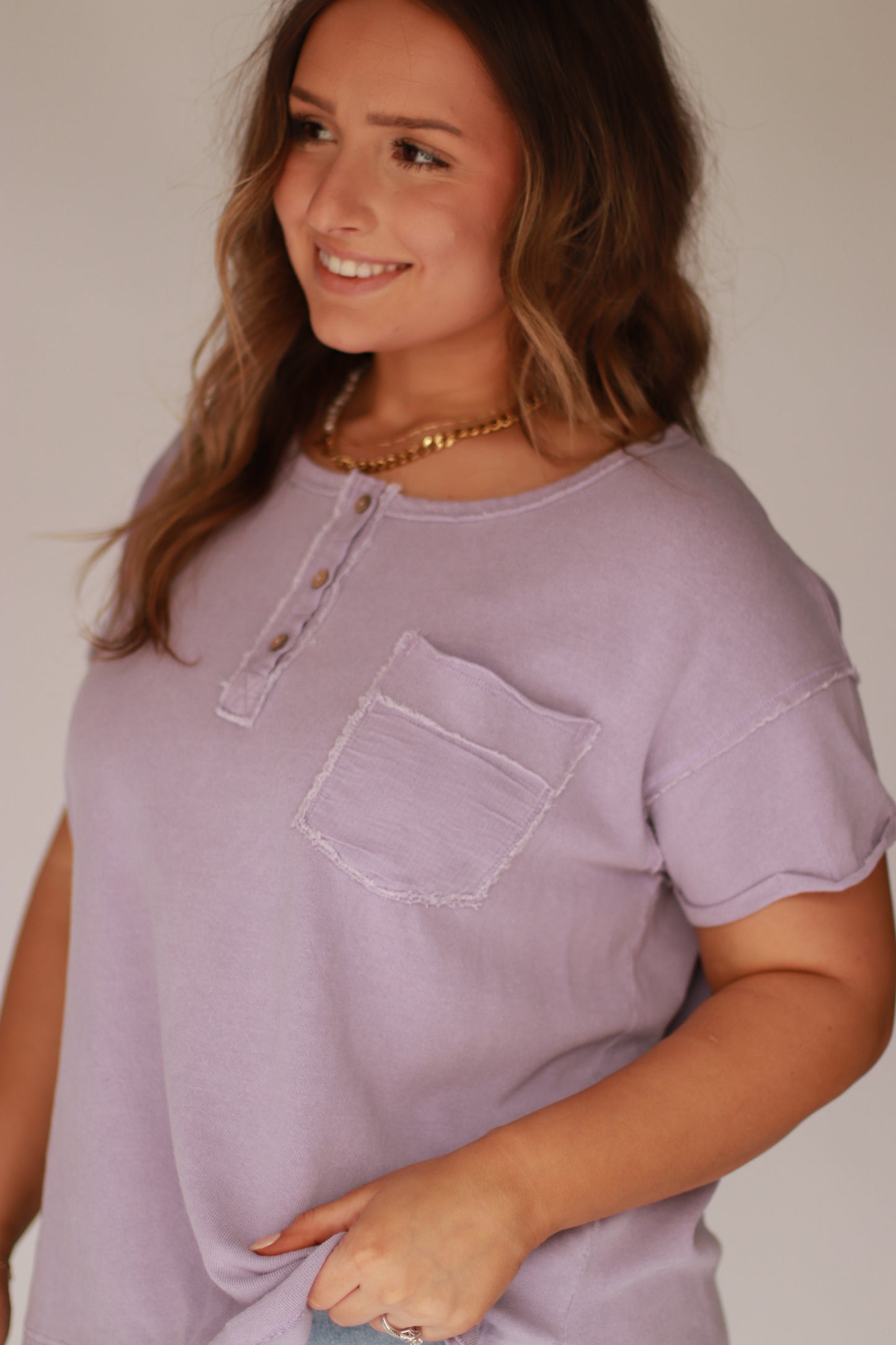 Garment washed short sleeve henley- lavender