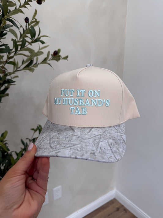 Put It On My Husband's Tab Trucker Hat - white camo