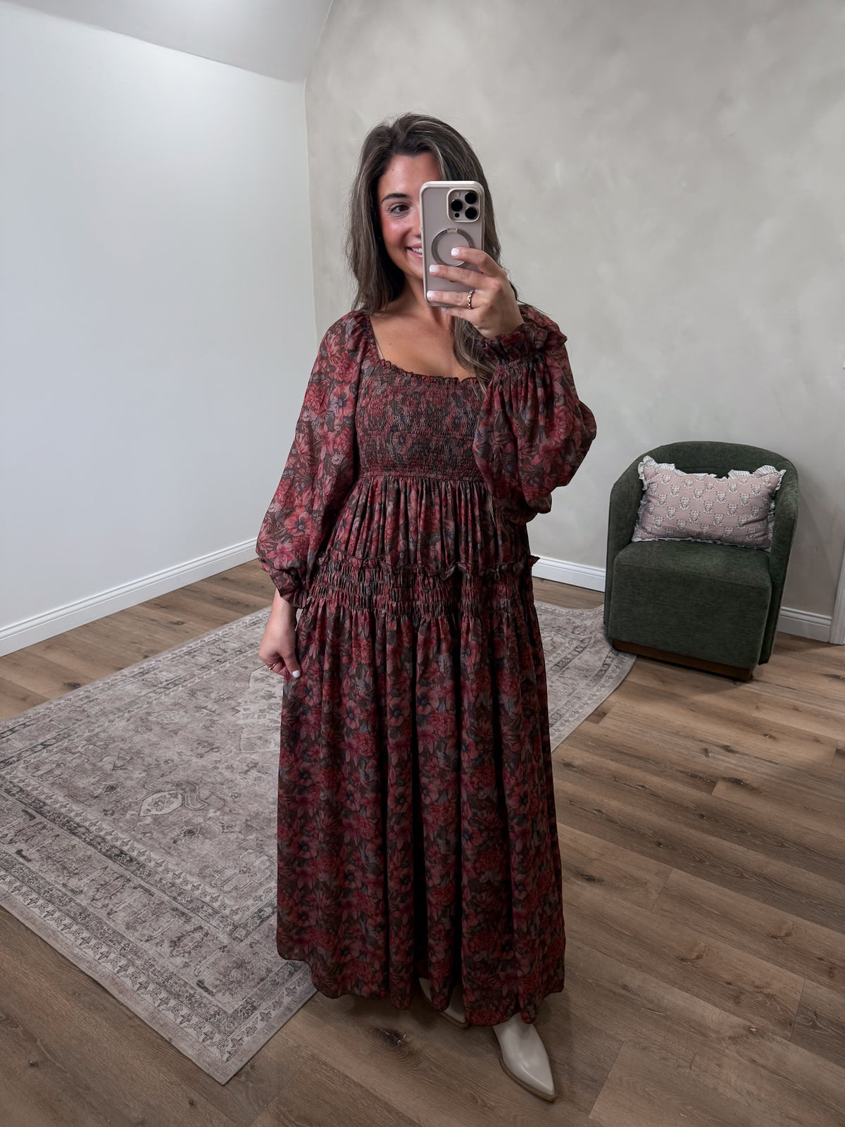 Cranberry Fields Floral Smocked Ruffle Maxi Dress
