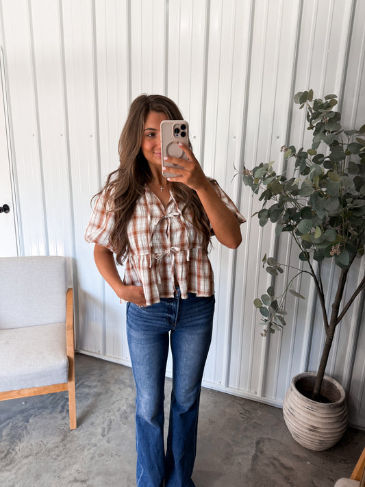 Pumpkin Pie Front Tie Blouse- brown plaid