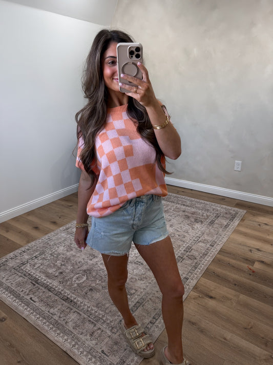 Vivid Vibes Checkered Knit Top - mango mix
