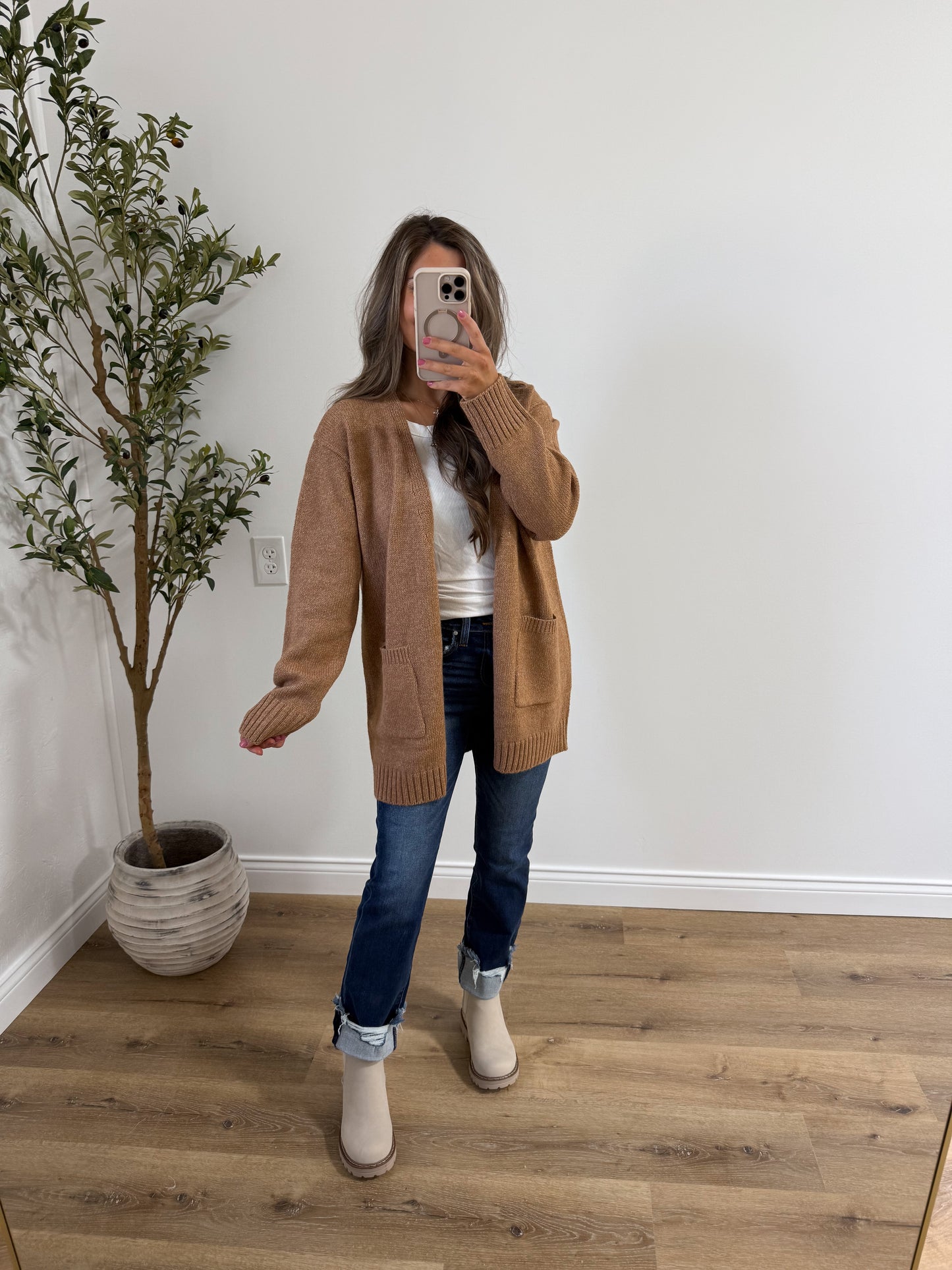 Open front sweater cardigan - camel