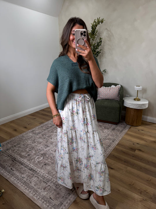 The Isabella Mid Waisted Tiered Midi Skirt - cream multi