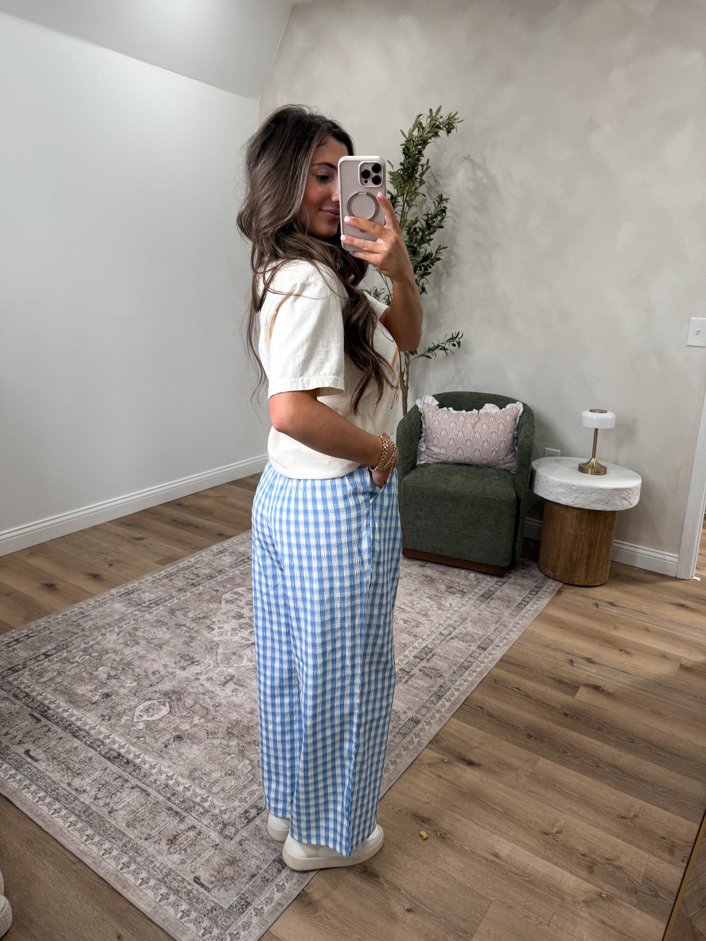 Cheerful Checkered Casual Pants - blue
