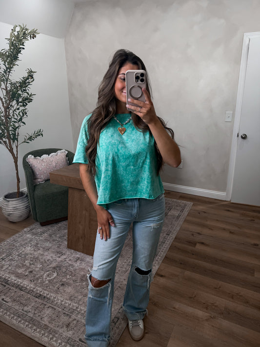 Person taking a mirror selfie wearing a teal top and ripped jeans in a room with a plant and chair.