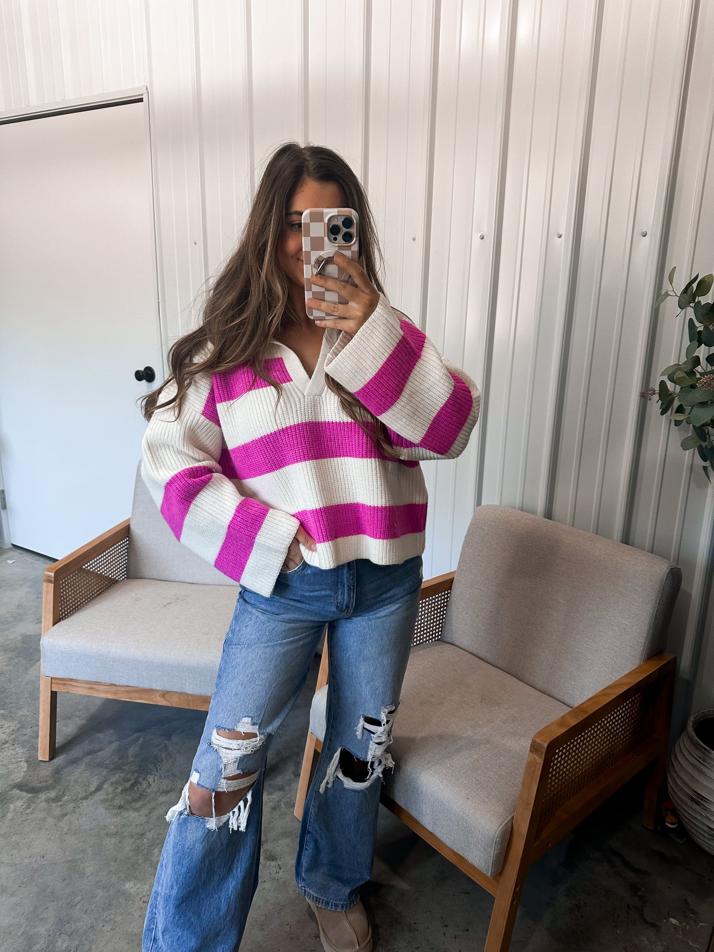 Serena Striped Sweater - Ivory/Fuchsia