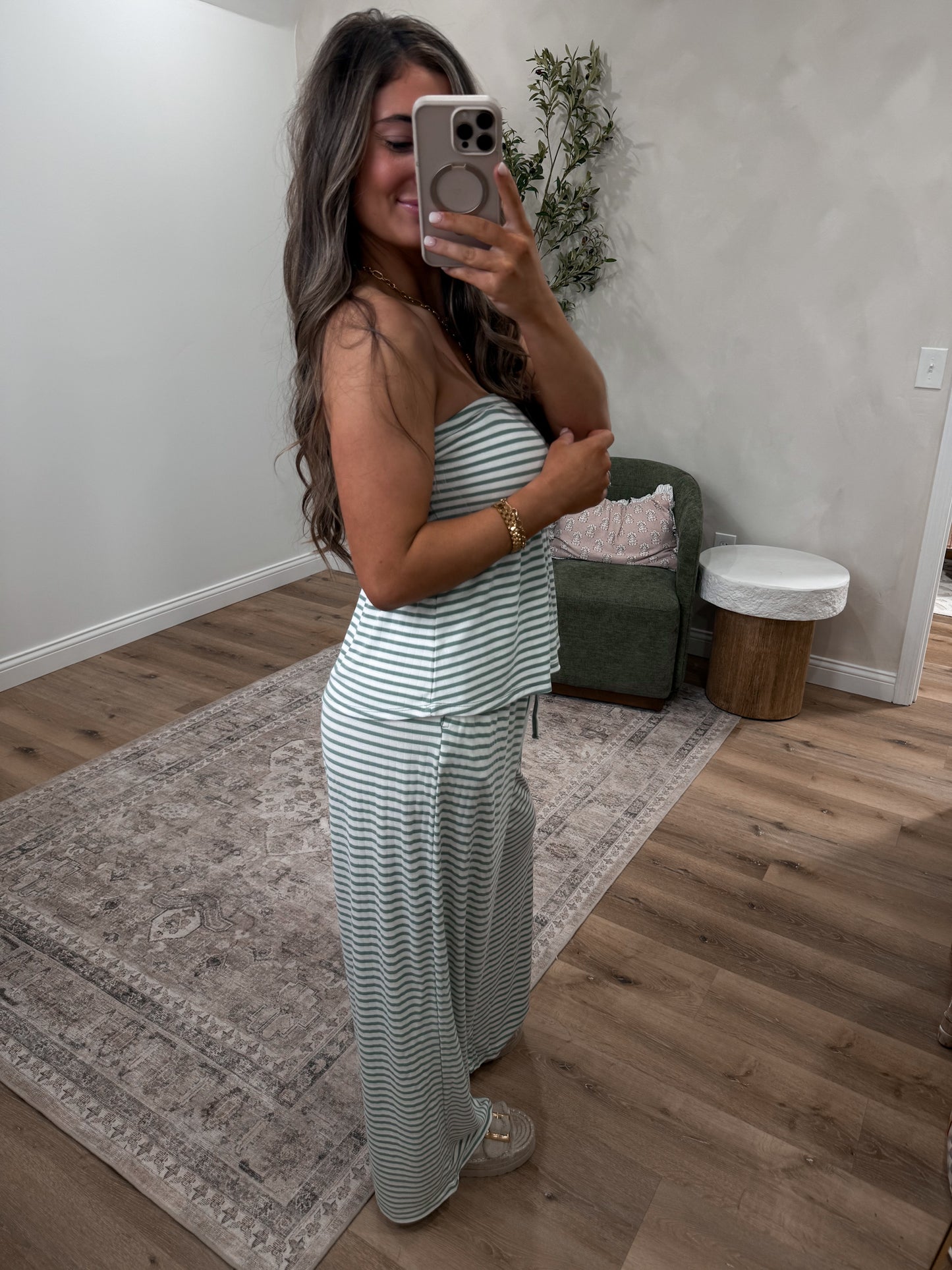 Breezy Belle Striped peplum Lounge Set - sage green