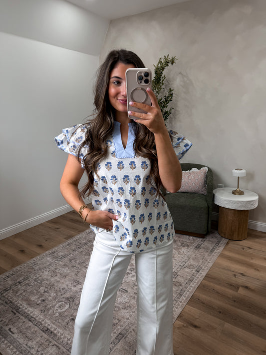 Pure Joy Printed Ruffle Sleeve Blouse - white mix