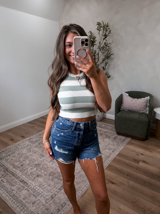 Amber Striped Crop Tank - sage green