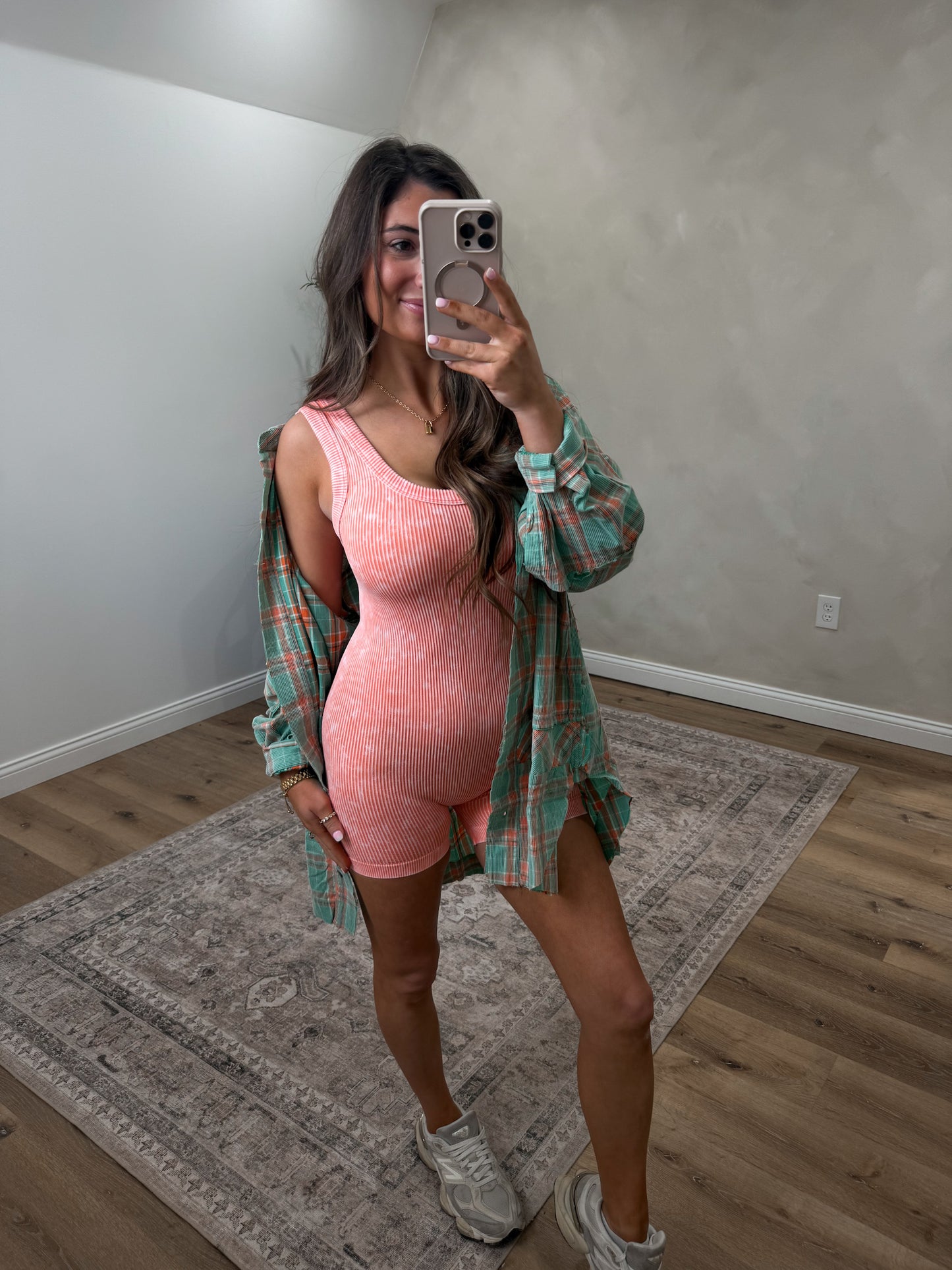 Stone Washed Ribbed Romper- coral