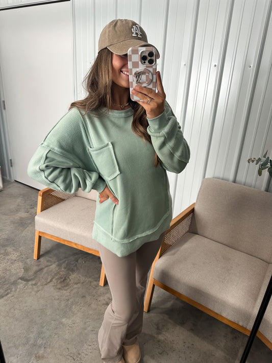 Contrast French Terry Knit Oversized Comfy Top - Seafoam