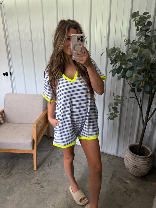 By the pool romper- Blue striped/Neon RESTOCK