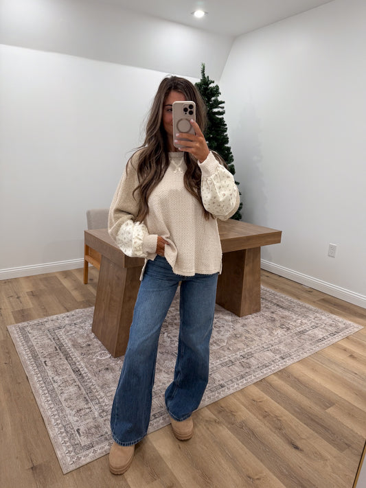 Color Block Casual Textured Knit Top - Cream