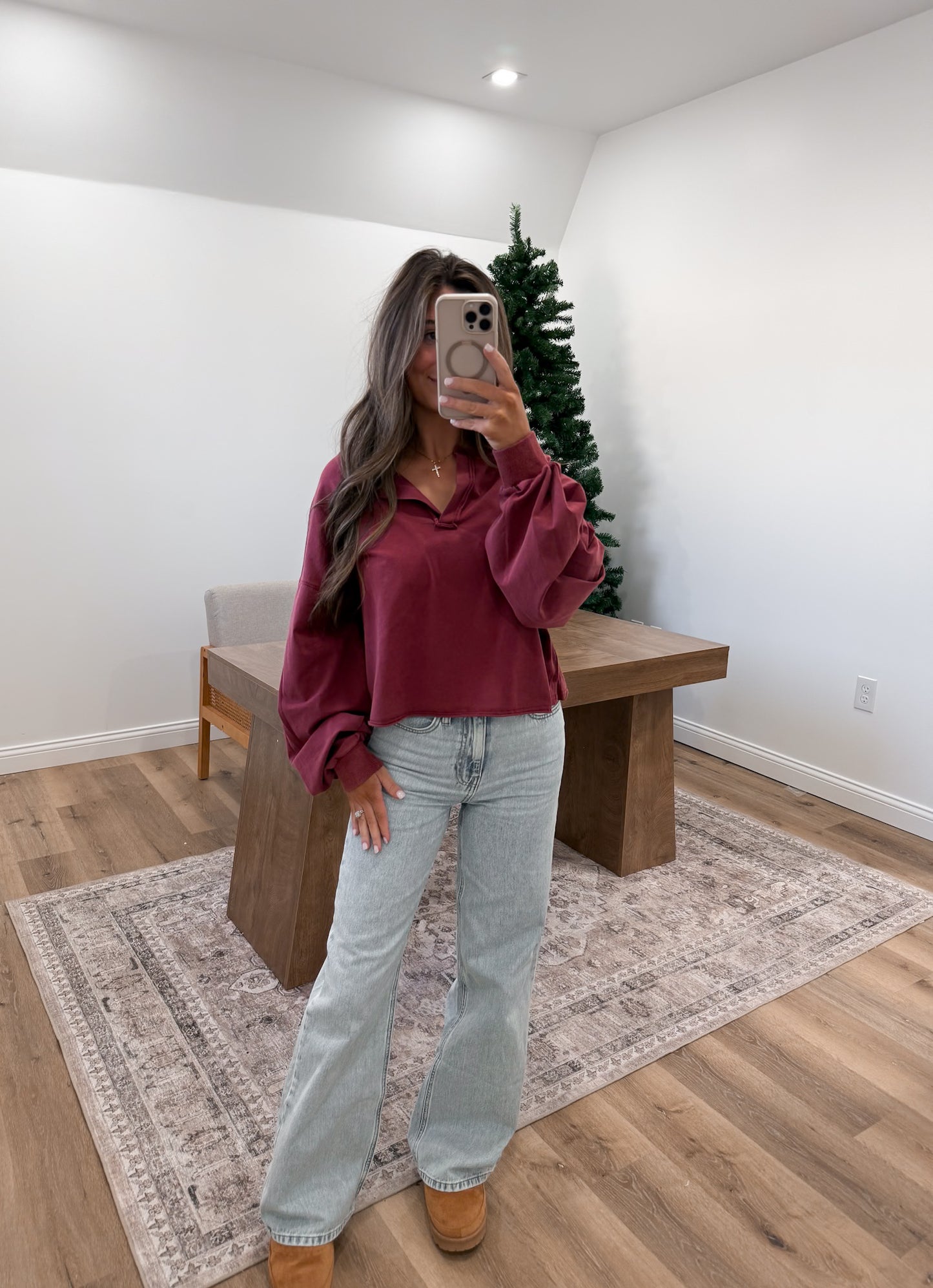 Mineral Washed Casual Long-sleeve Top- Wine