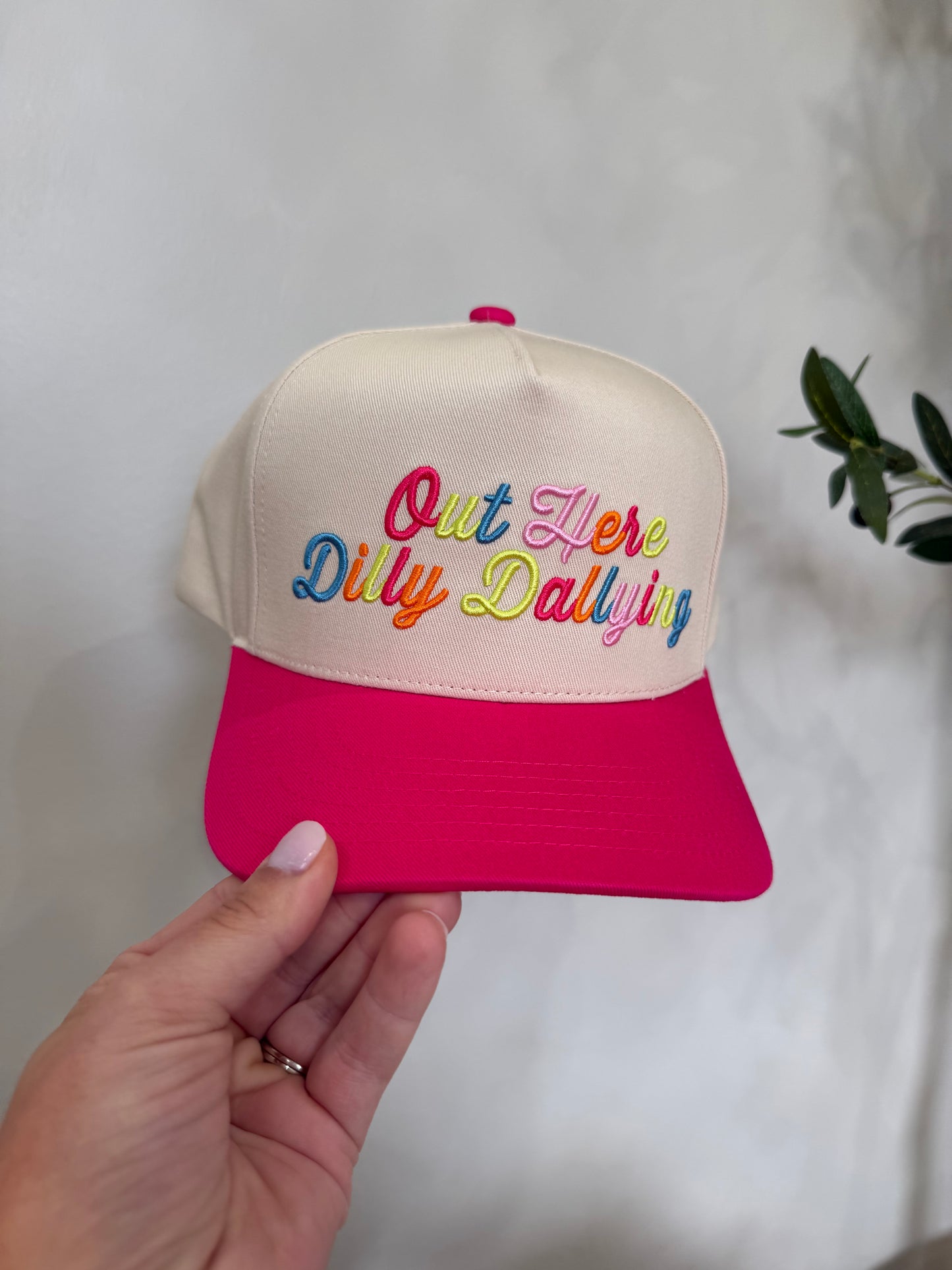 Out Here Dilly Dallying Trucker Hat - hot pink