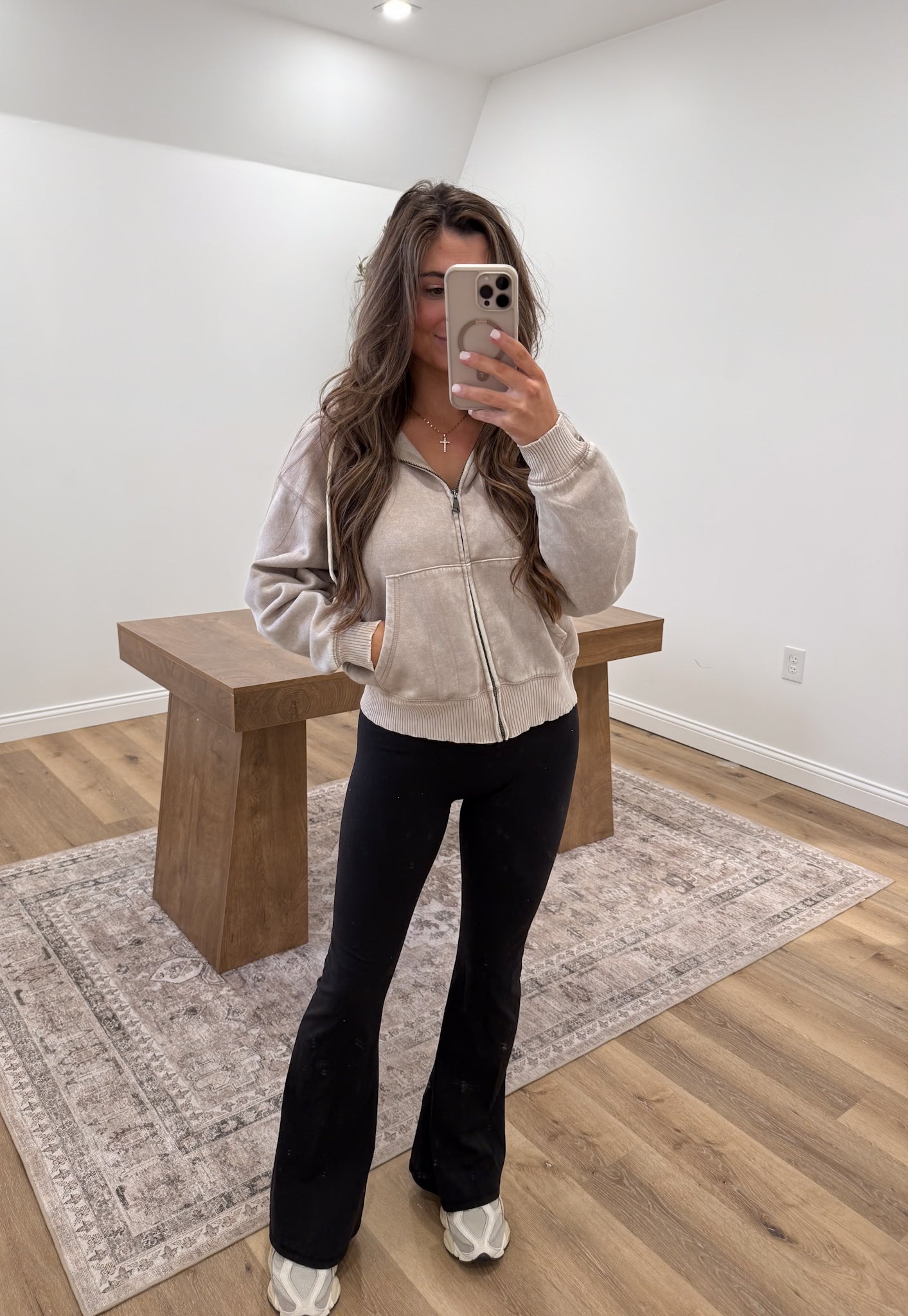 Acid Wash Fleece Cropped Zip-up Hoodie- Ash mocha