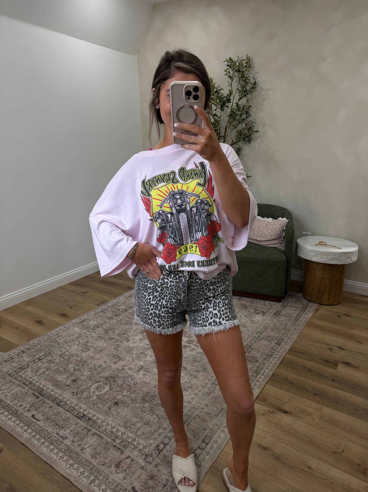 Zeva High Rise Leopard Denim Shorts