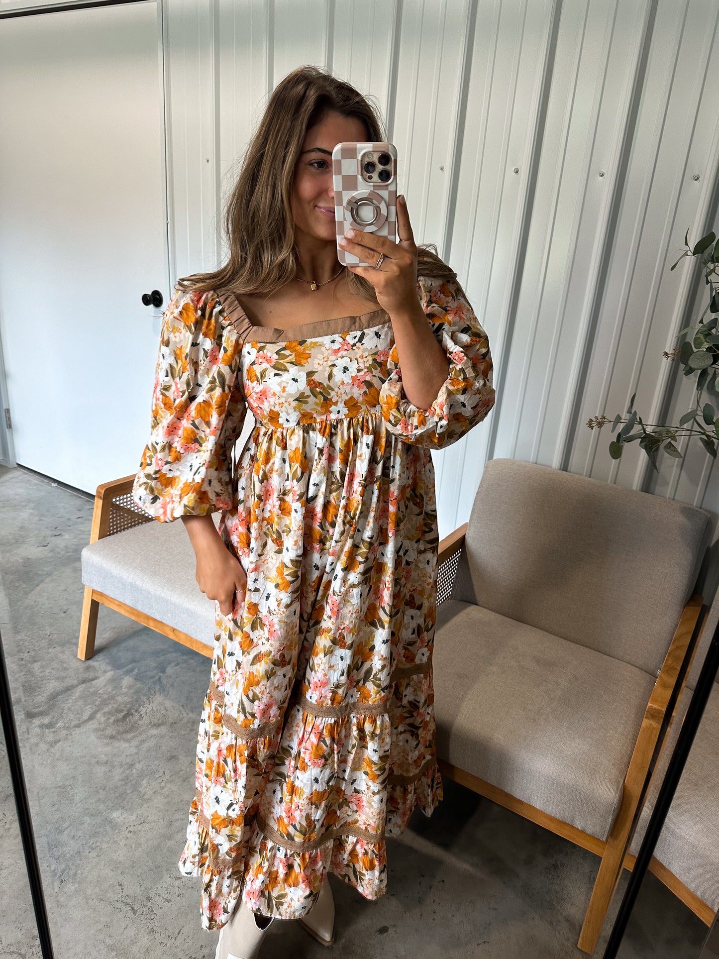 Pumpkin Floral Midi Dress