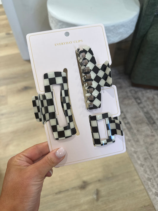 Checker Story Classic Hair Clip Claw Set - black/white