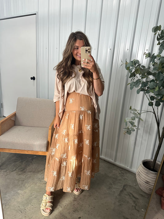 Tiered Embroidered Maxi Skirt- Cappuccino