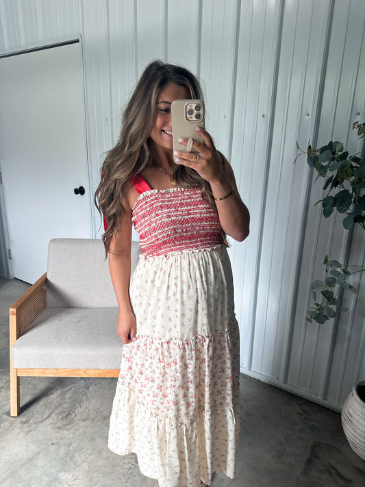 Strawberry Patch Midi Dress- Red Combo