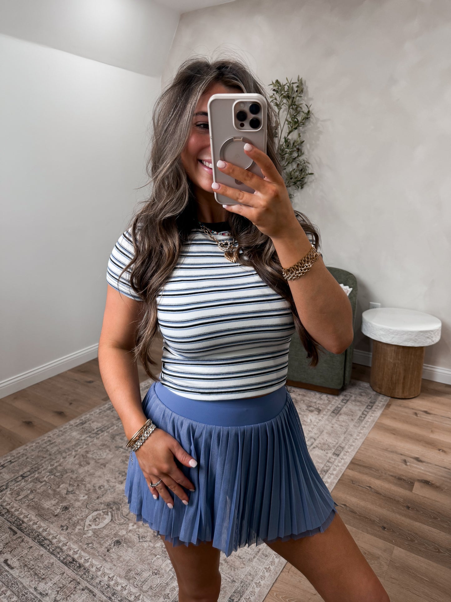Striped Rayon Short Sleeve Tee - blue