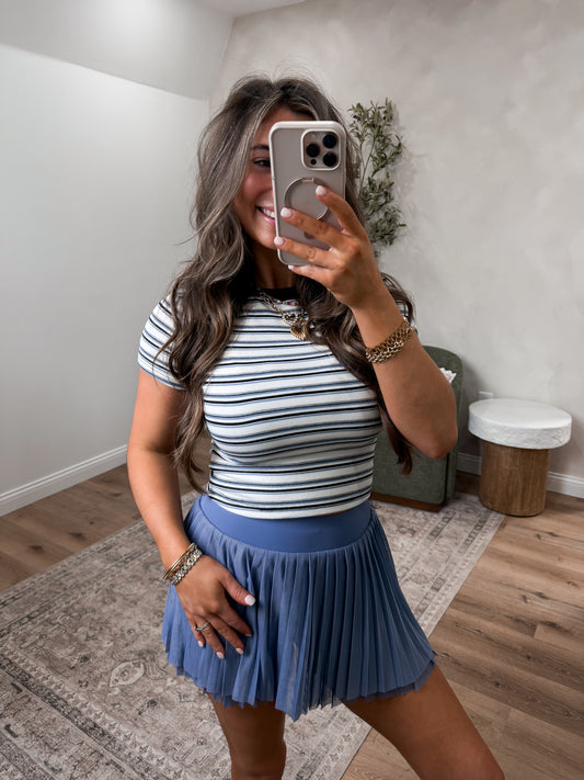 Striped Rayon Short Sleeve Tee - blue