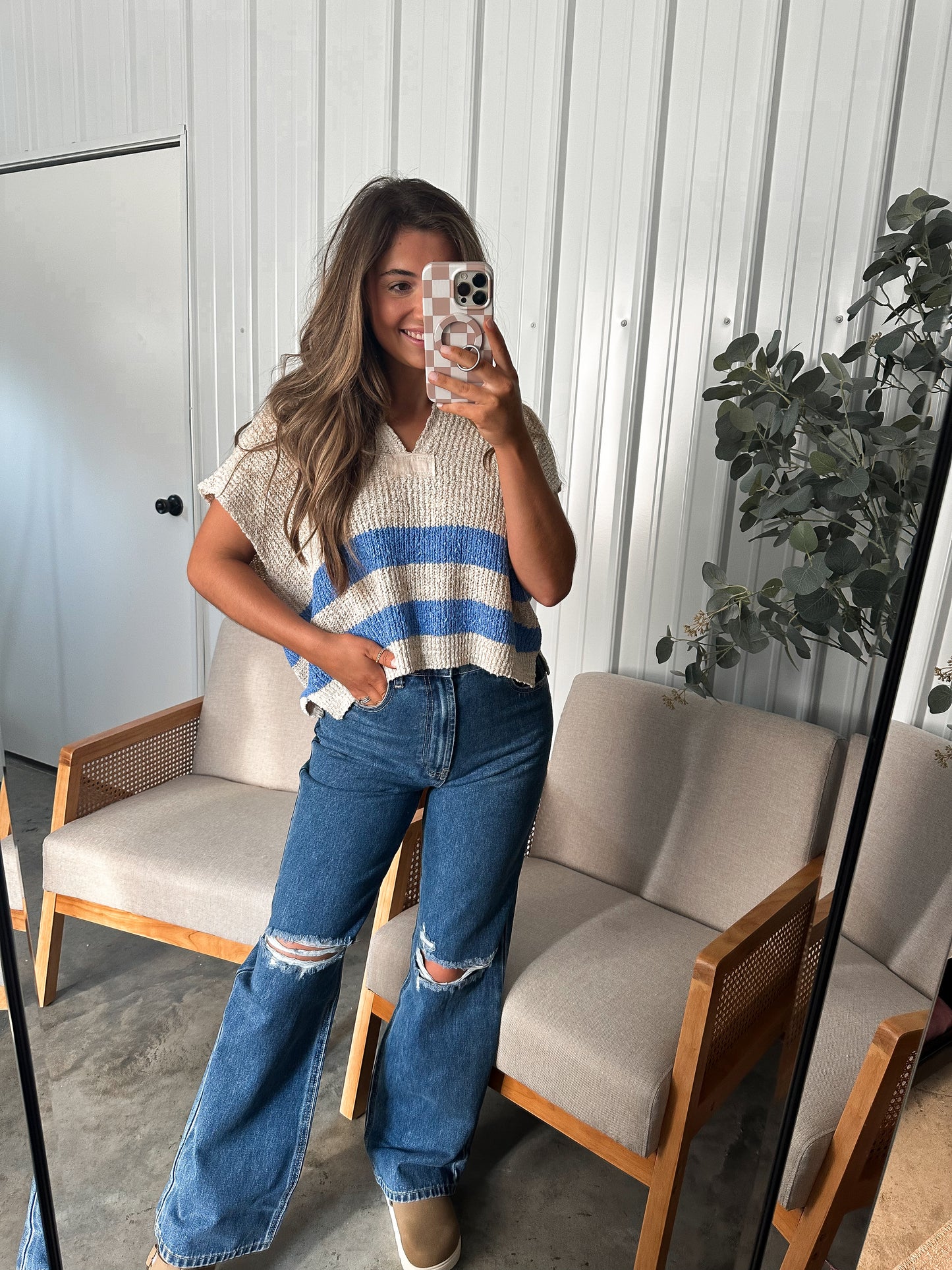 Nia Knit Top - Cream/Blue Stripes