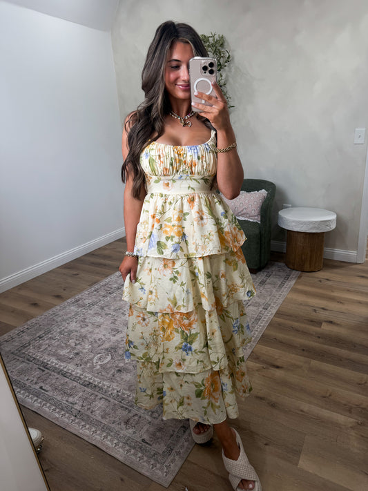 Garden Glow Floral Ruffle Tiered Midi Dress - butter yellow multi