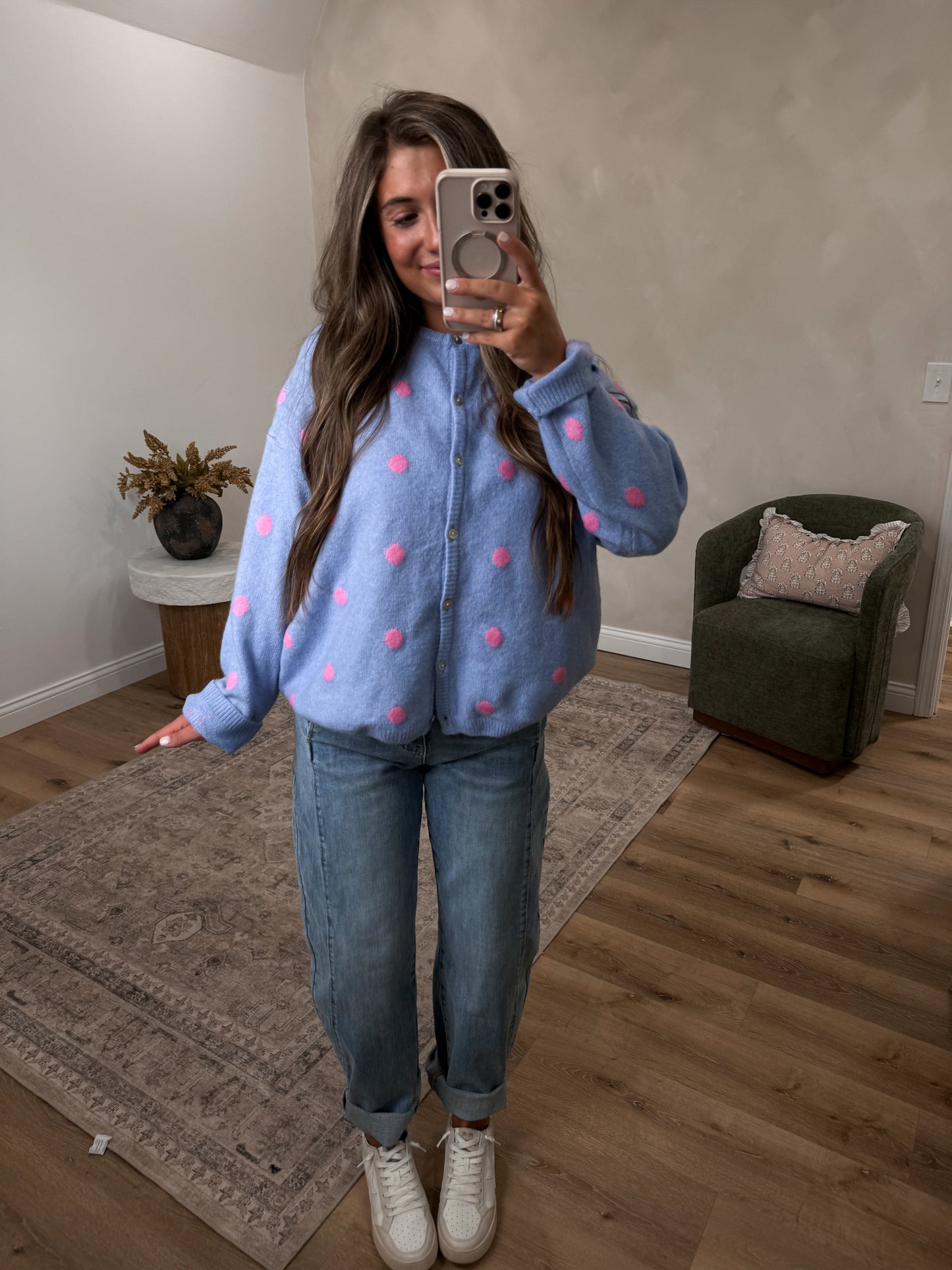 Penny Polka Dot Cardigan - light blue/pink