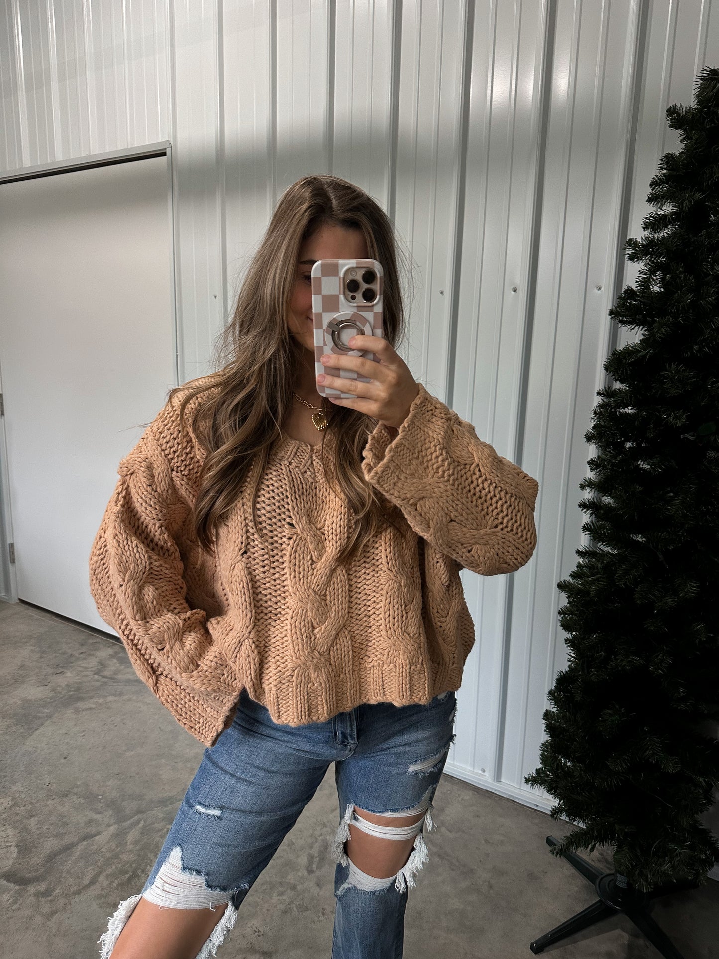 Cable Knit Oversized Sweater - light camel