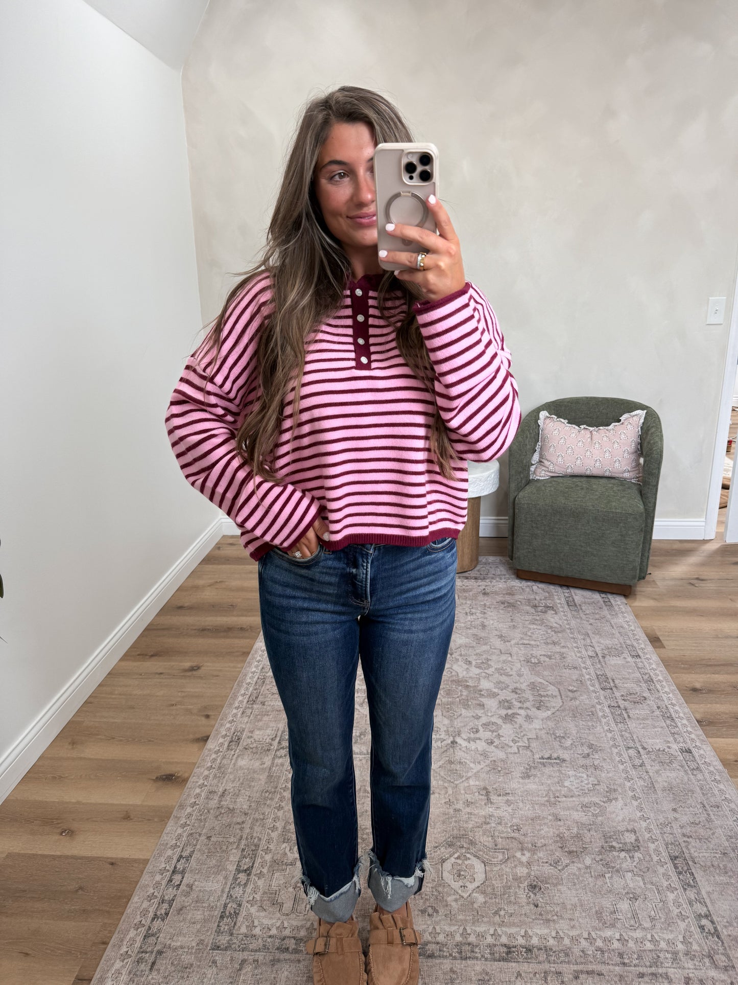 Striped Henley Pullover - pink/burgundy