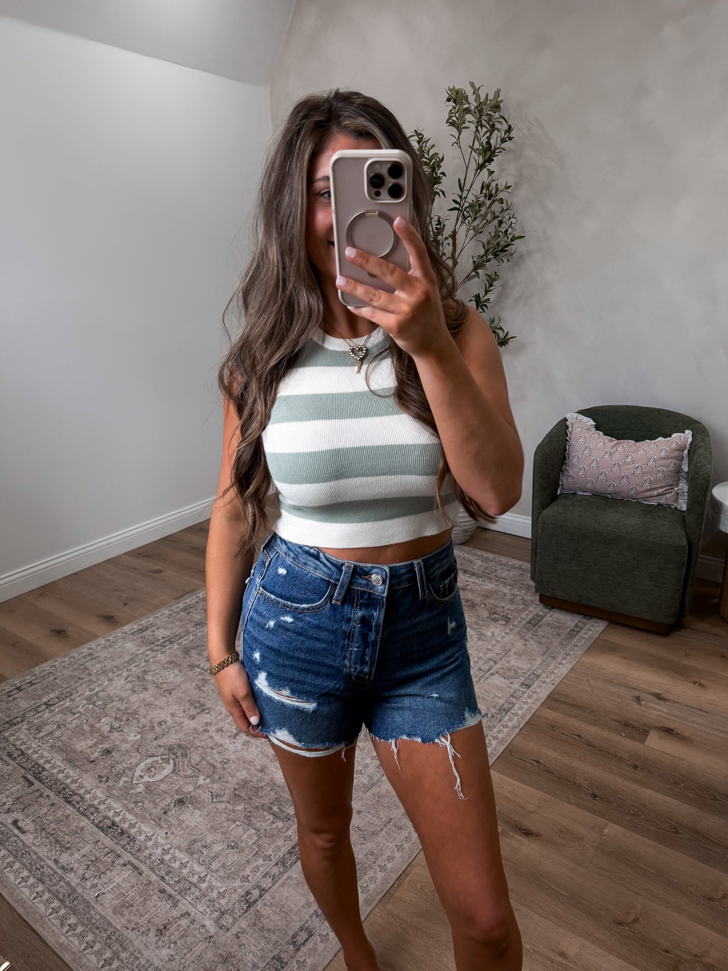 Amber Striped Crop Tank - sage green