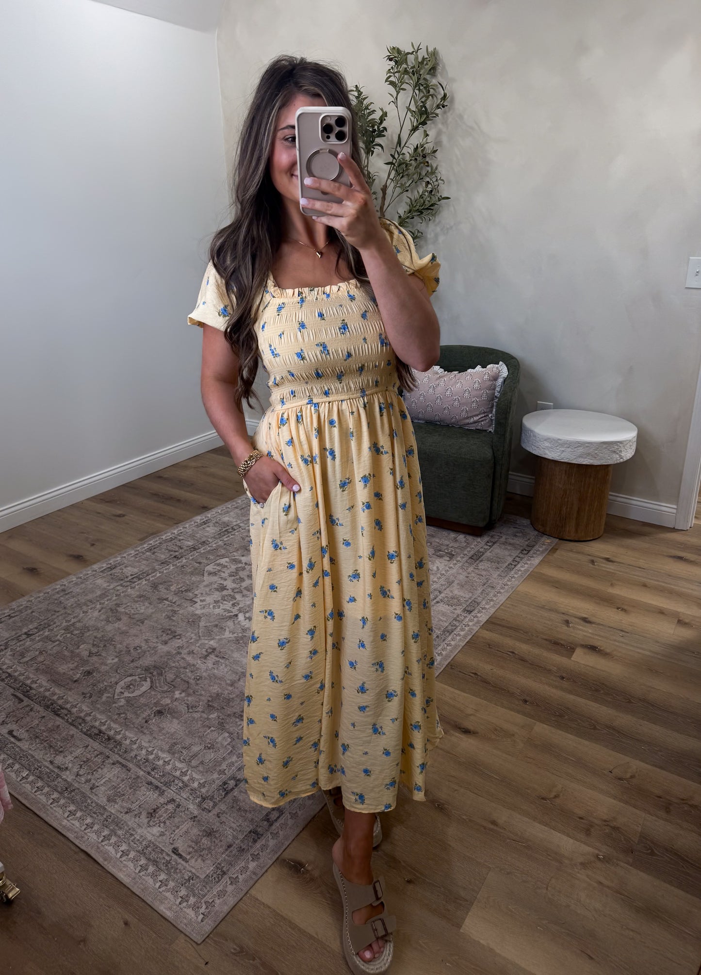 Lemonberry Smocked Floral Midi Dress - yellow/blue
