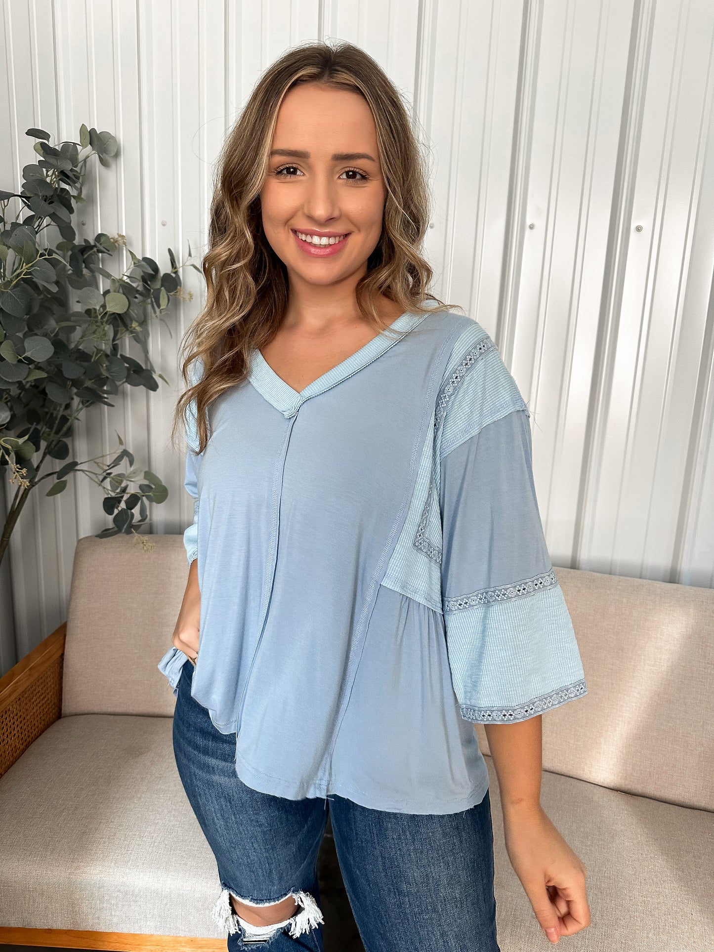 Relaxed Fit Lace Trim Top - Blue