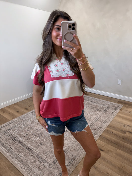 Blushing Babe Floral Patchwork Color Block - deep coral combo