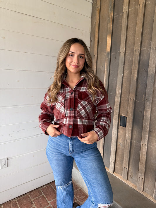 Cropped Plaid Shacket With Detachable Hood- Burgundy