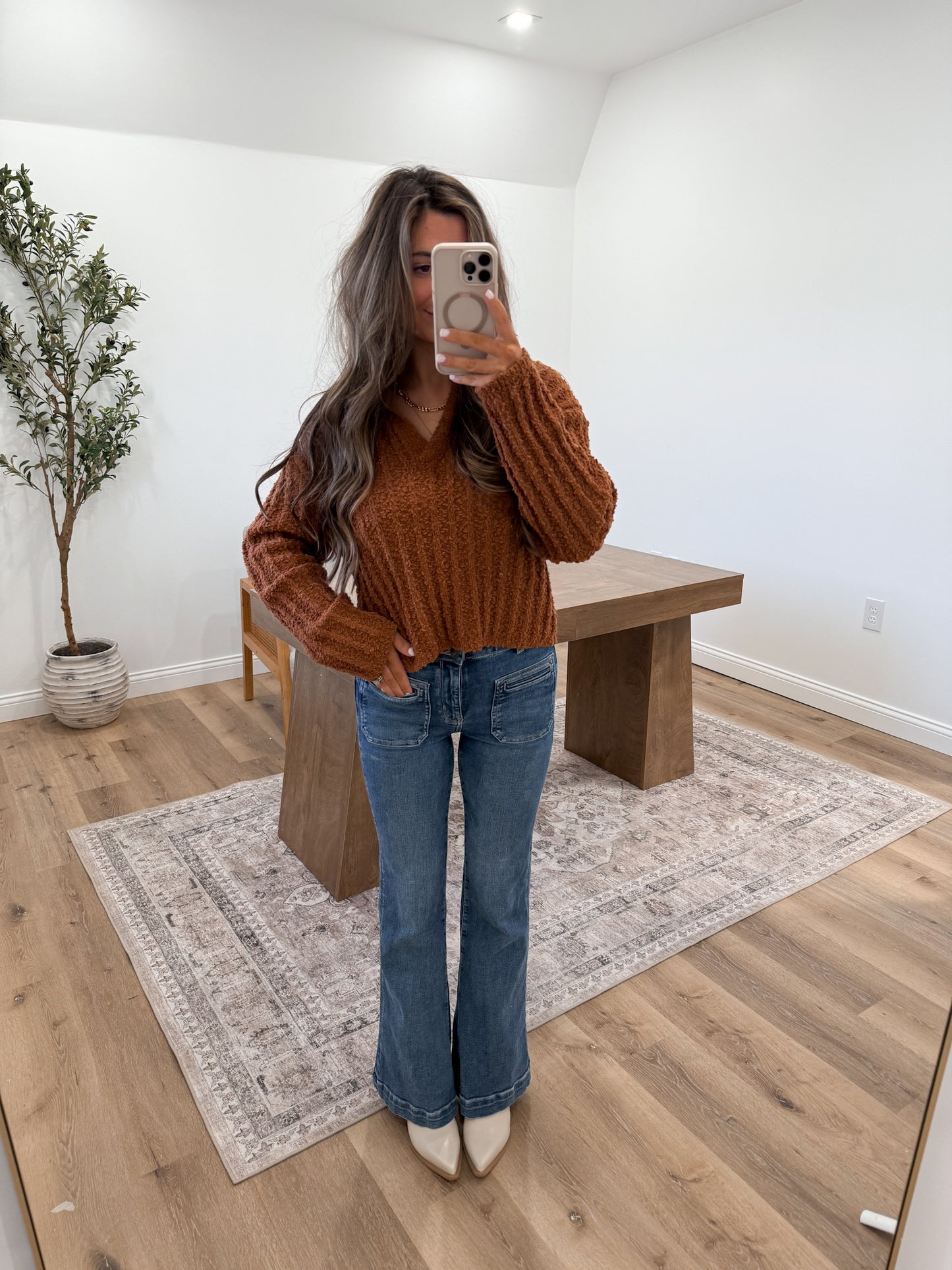 Collared Chenille Ribbed Sweater- Carmel