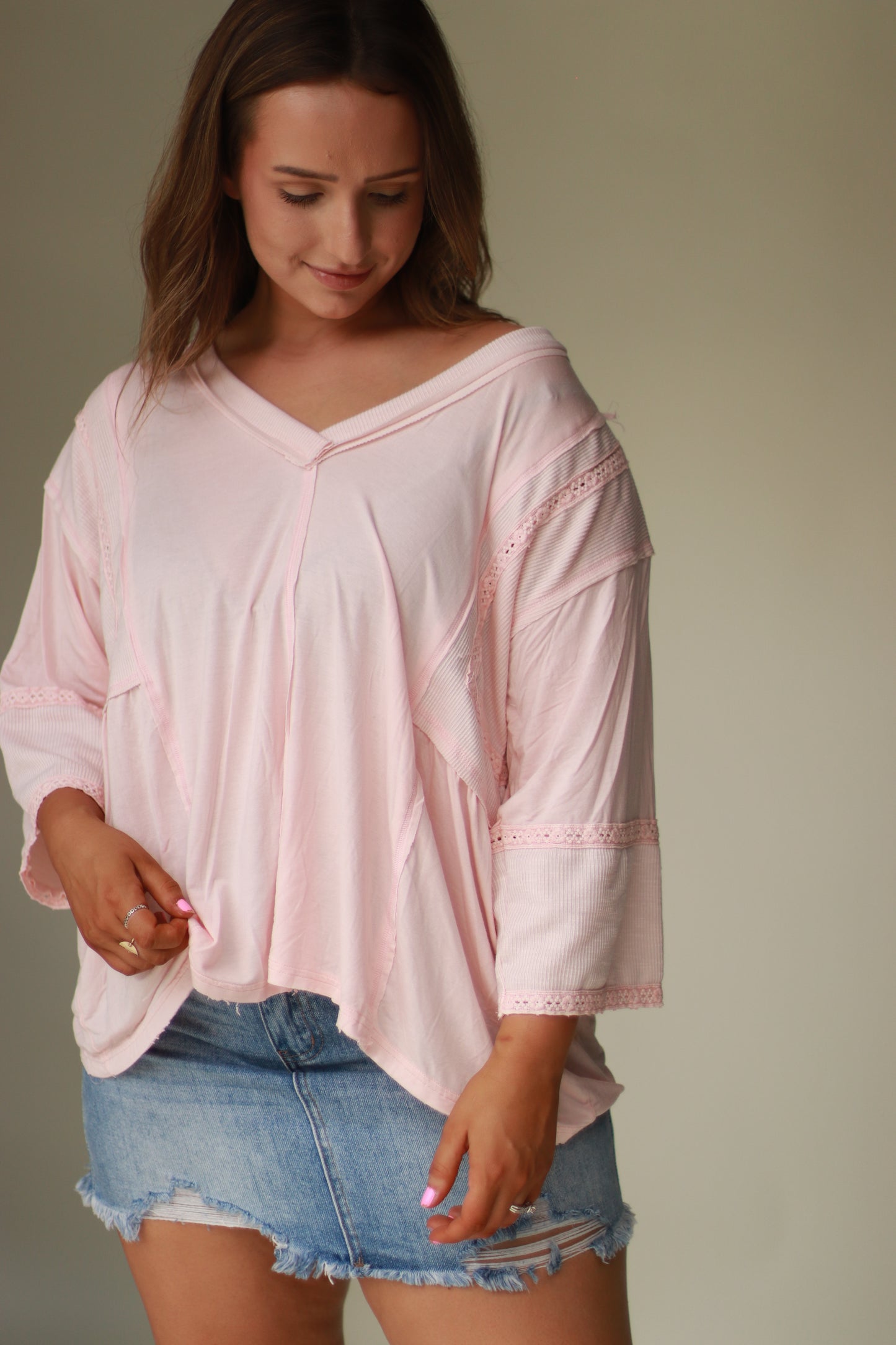 Lace Trim Relaxed Fit Top - Pink