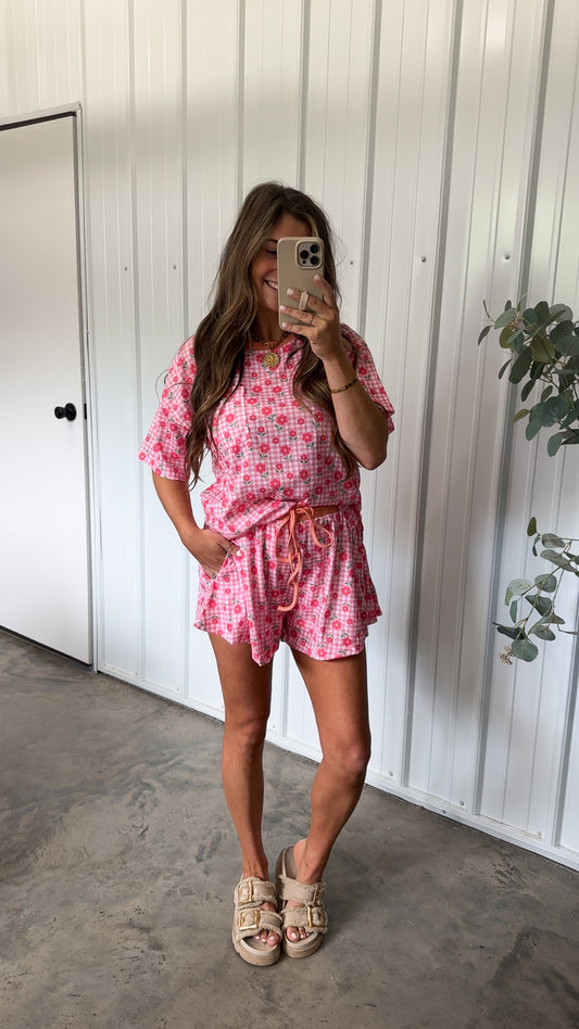 Gingham Floral Set- Soft Pink