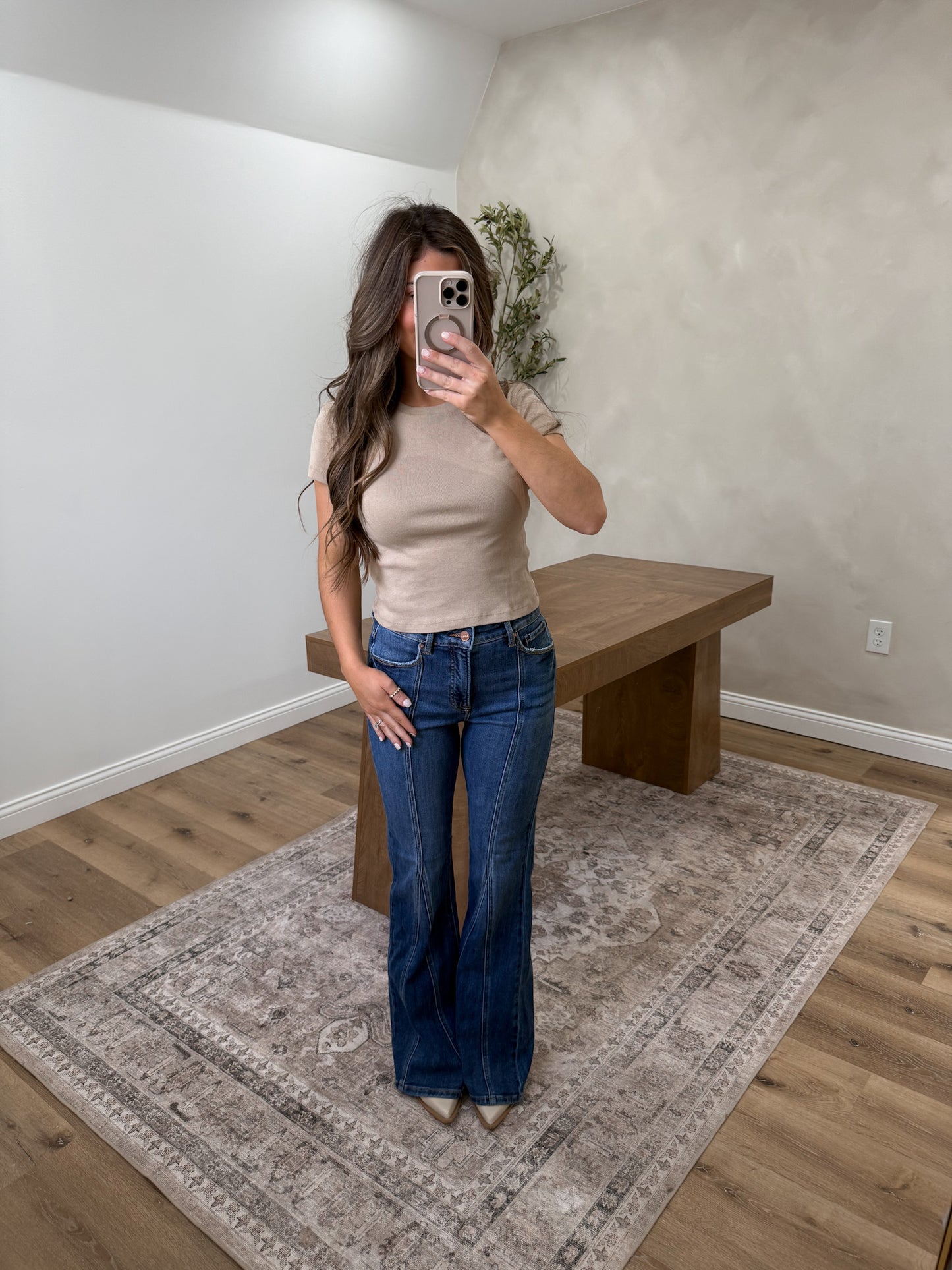 Tummy Control High Rise Exposed Seam Flare Jeans- Dark