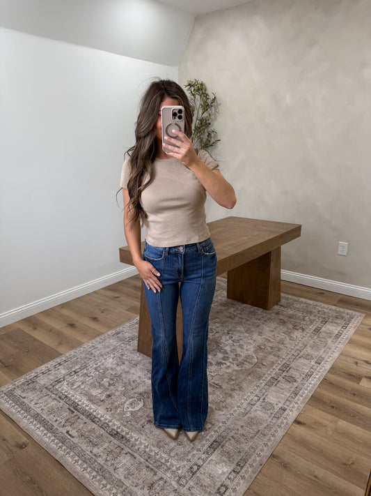 Tummy Control High Rise Exposed Seam Flare Jeans- Dark