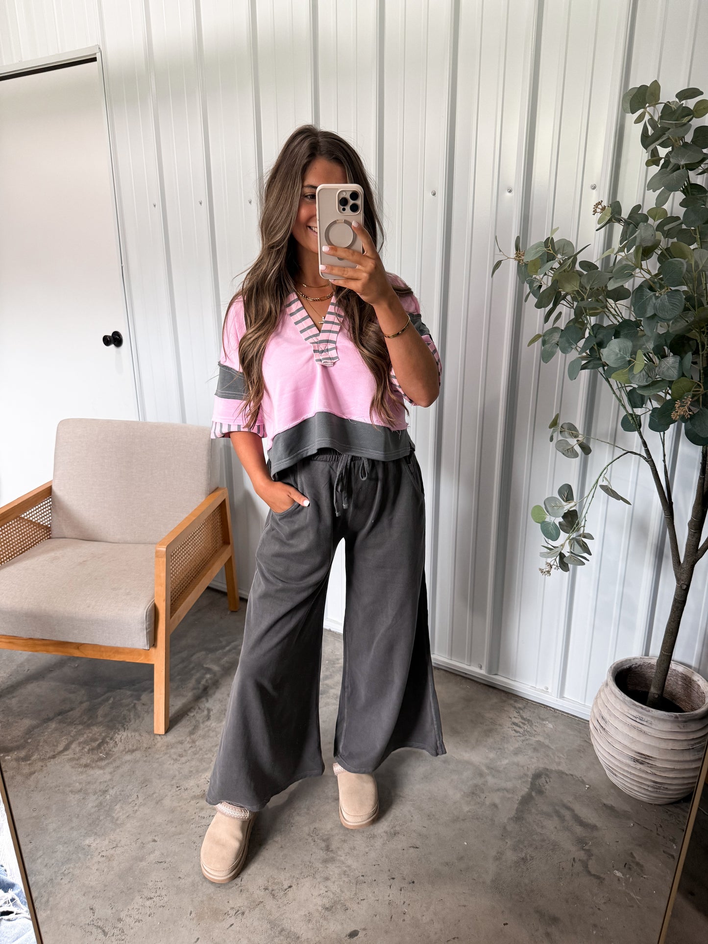 Brittney French Terry Tee- Pink/Charcoal