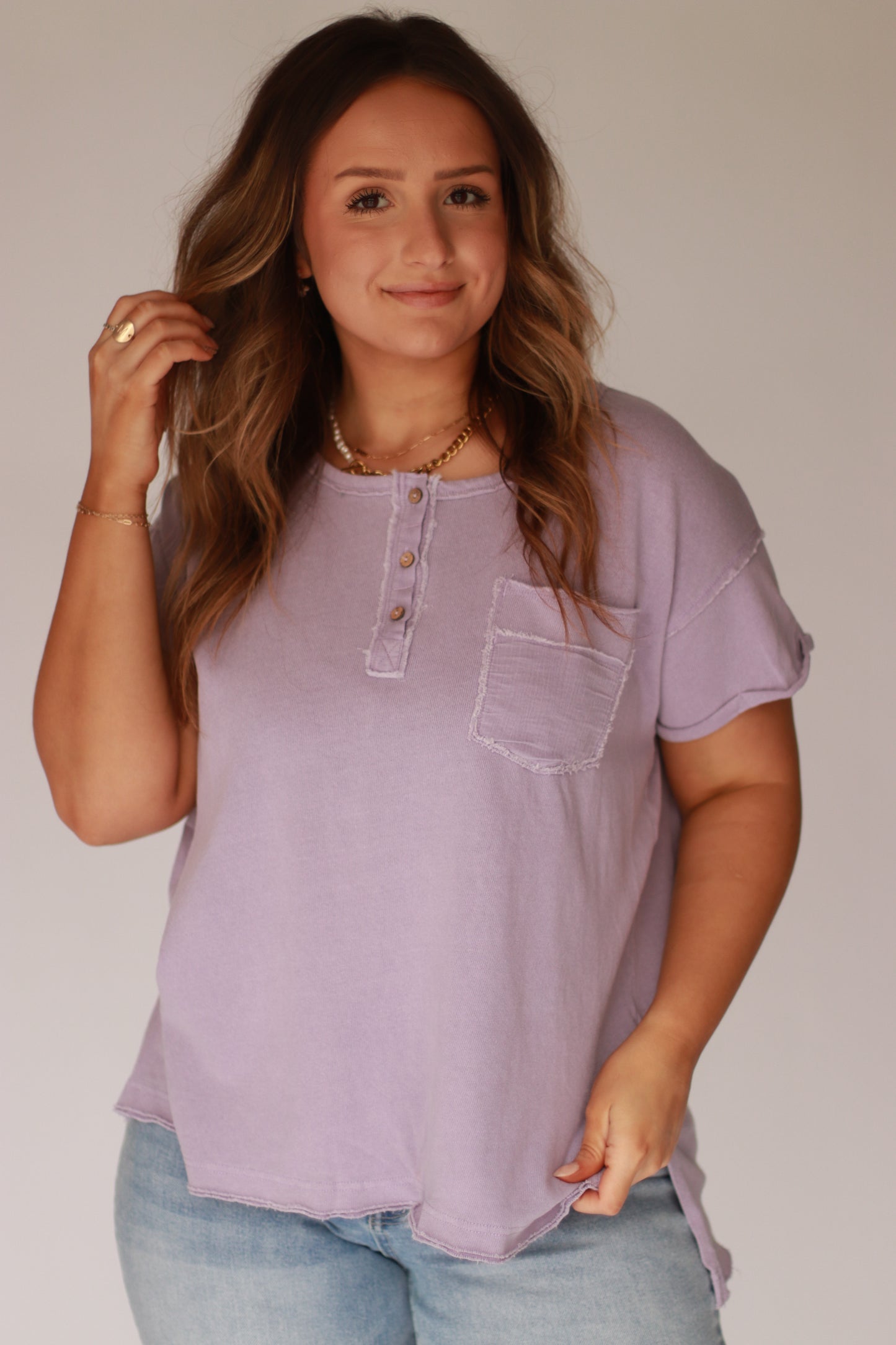 Garment washed short sleeve henley- lavender