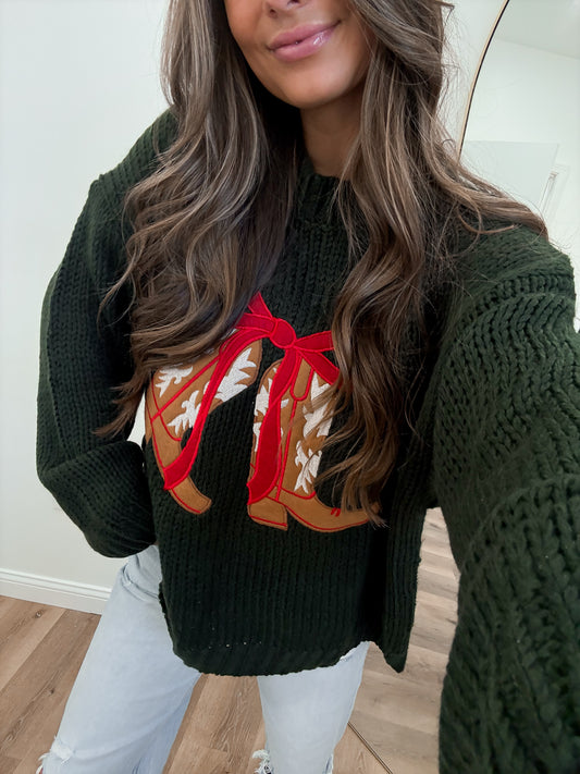 Boots N Bows Sweater- Dark Green