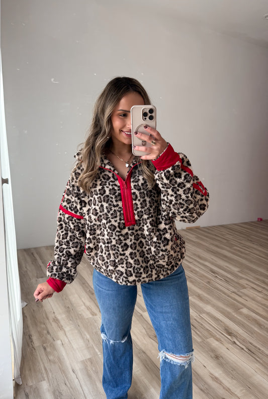 Leopard Sherpa Pullover - Touch of Red