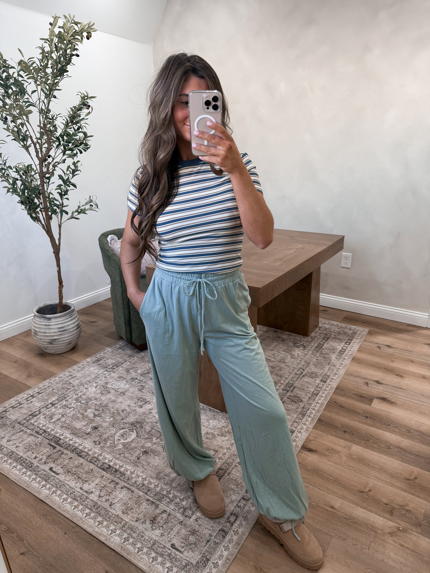 Striped Rayon Ribbed Crop Tee - teal / sage *RESTOCK*