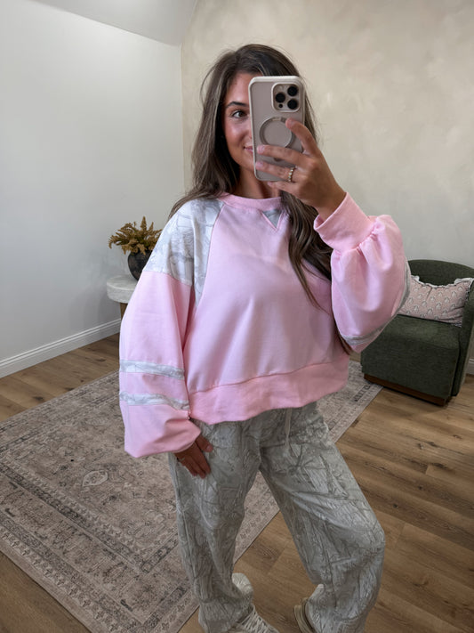 Colorblock Patched Camo Pullover-  pink
